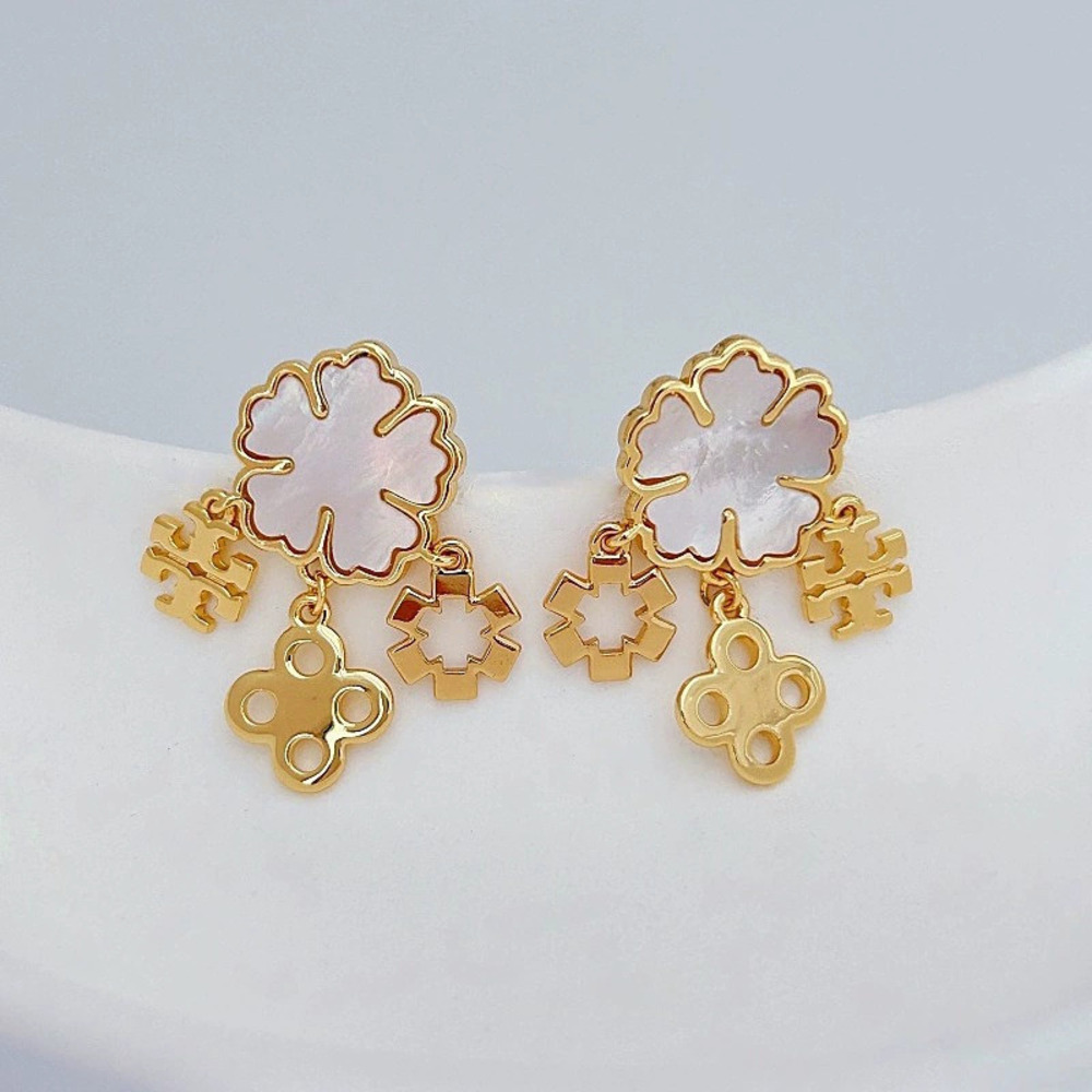 Tory Burch Inlaid Mother of Pearl Flower Drop Earrings Geometric